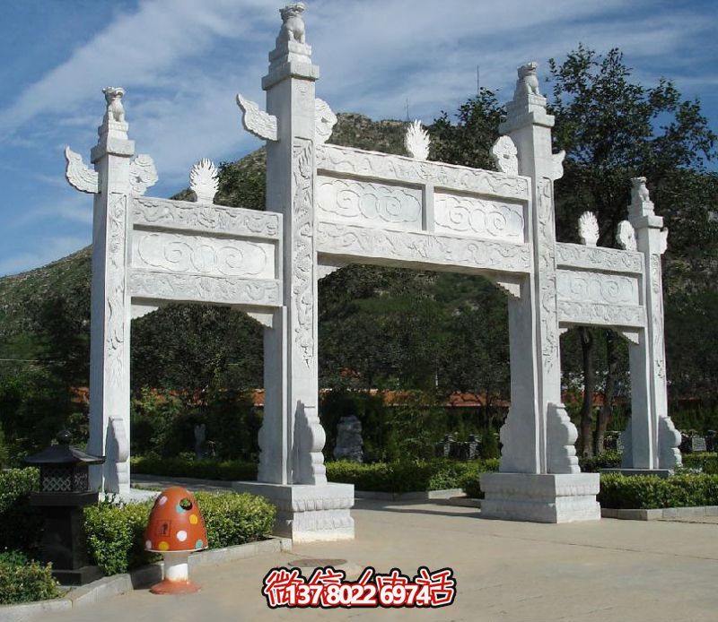 精致園林景觀，漢白玉華表浮雕祥云門(mén)樓石牌坊