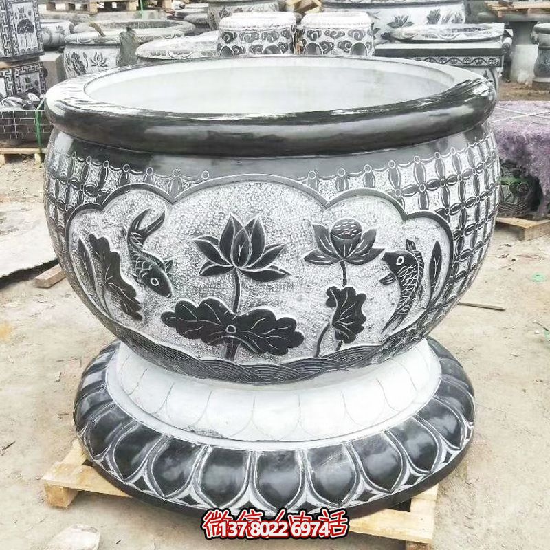 景區(qū)大型青石浮雕荷花庭院別墅招財(cái)缸雕塑